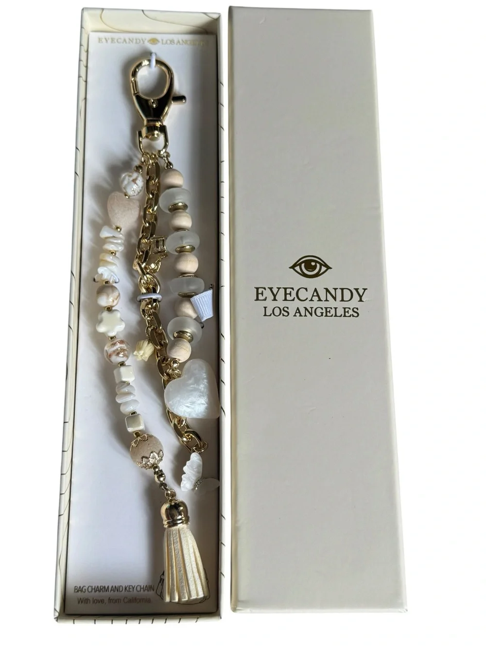 eye candy Beige & Gold Beaded Heart Tassel Key Charm